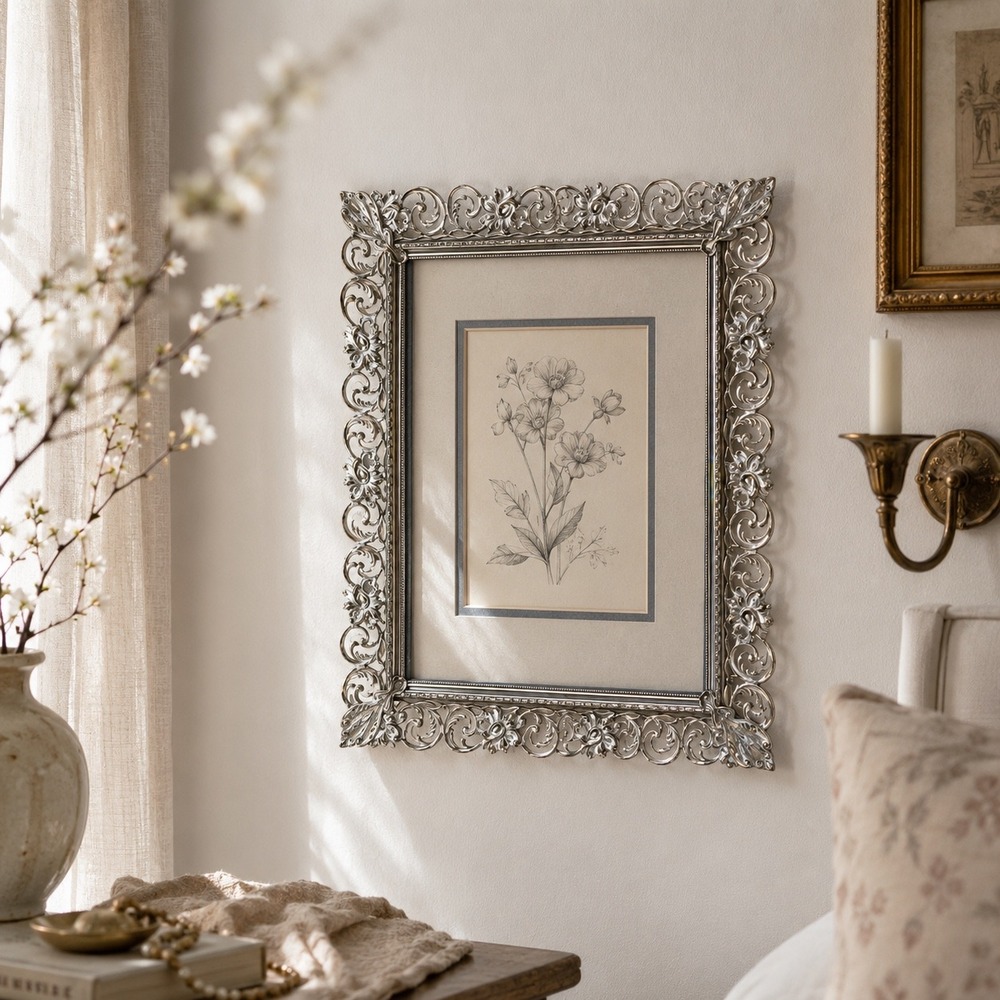 Vintage Ornate Silver Metal Filigree Picture Frame 8x10 Floral Scroll Victorian